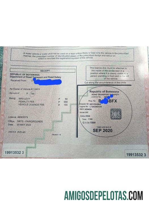 Exemplo de certificado de registro de veículo em Botsuana